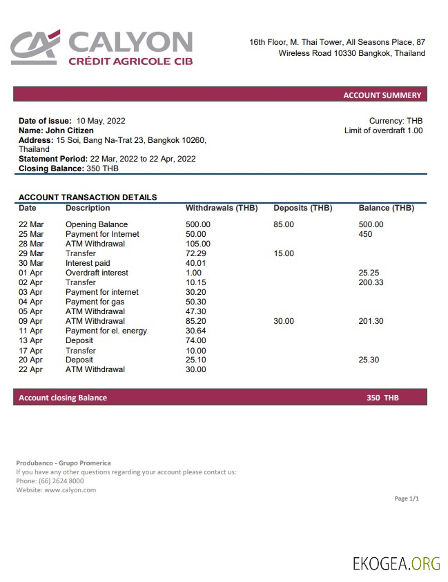 Relevé bancaire Calyon Thaïlande